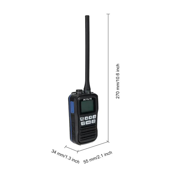 Black and blue walkie-talkie with antenna.