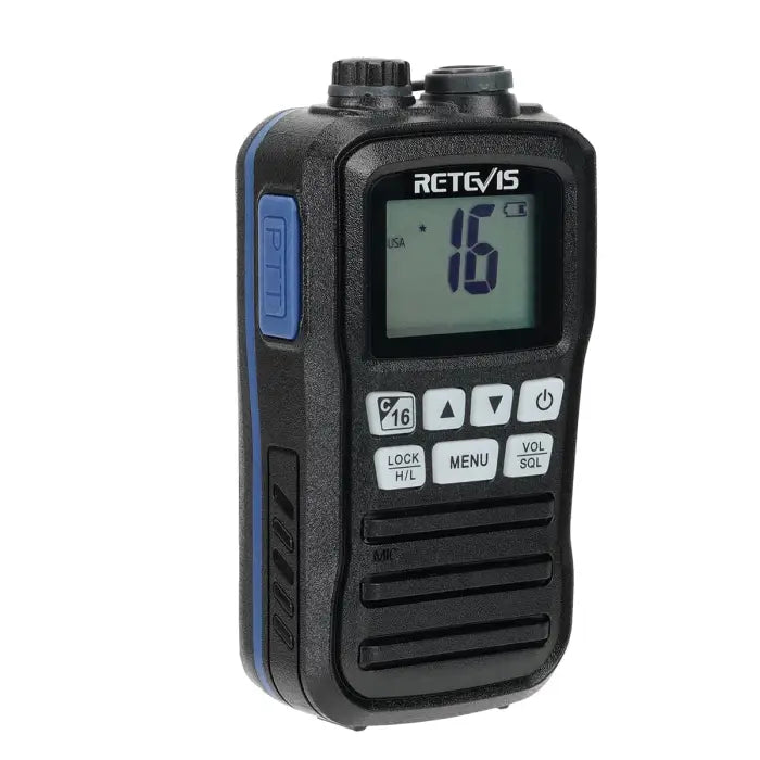 Black and blue handheld radio.