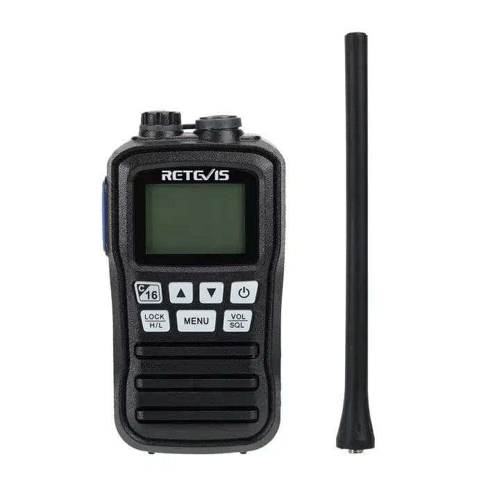 Black handheld two-way radio with antenna.