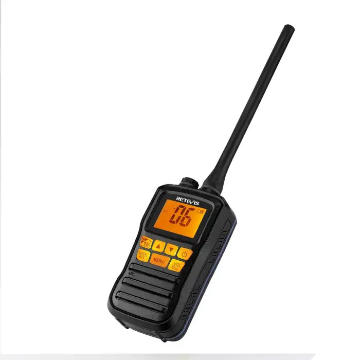 Black handheld two-way radio.