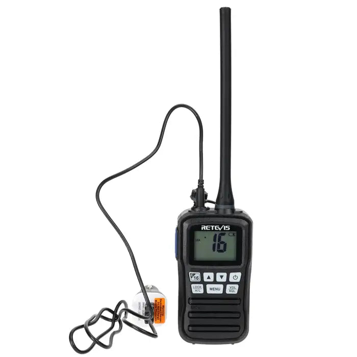Black handheld two-way radio with earpiece.