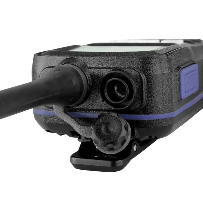 Close-up of a black two-way radio.