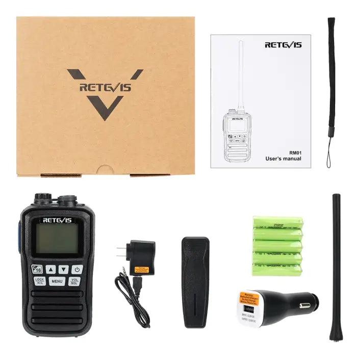 Retevis RM01 two-way radio and accessories.