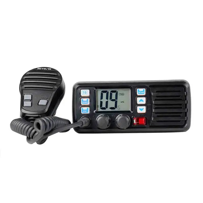 Black marine VHF radio with microphone.