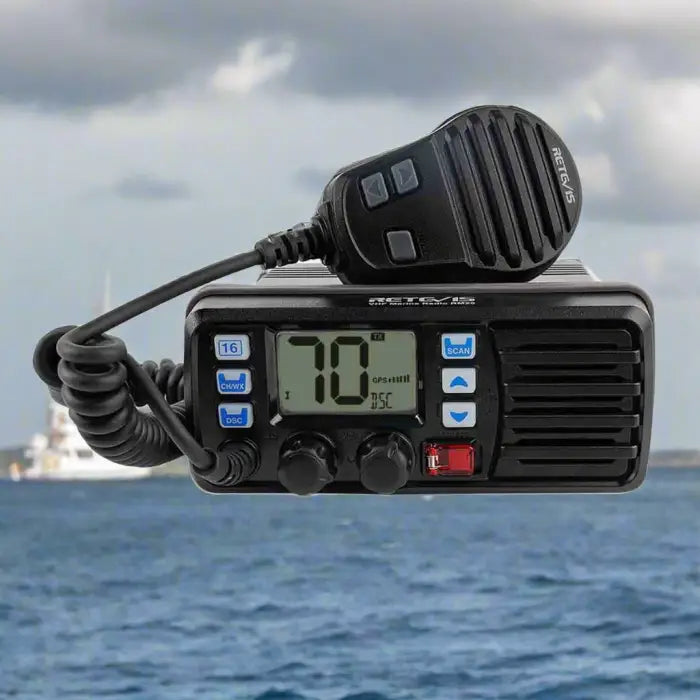 Black marine radio with microphone.