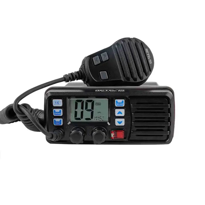 Black marine radio with microphone.