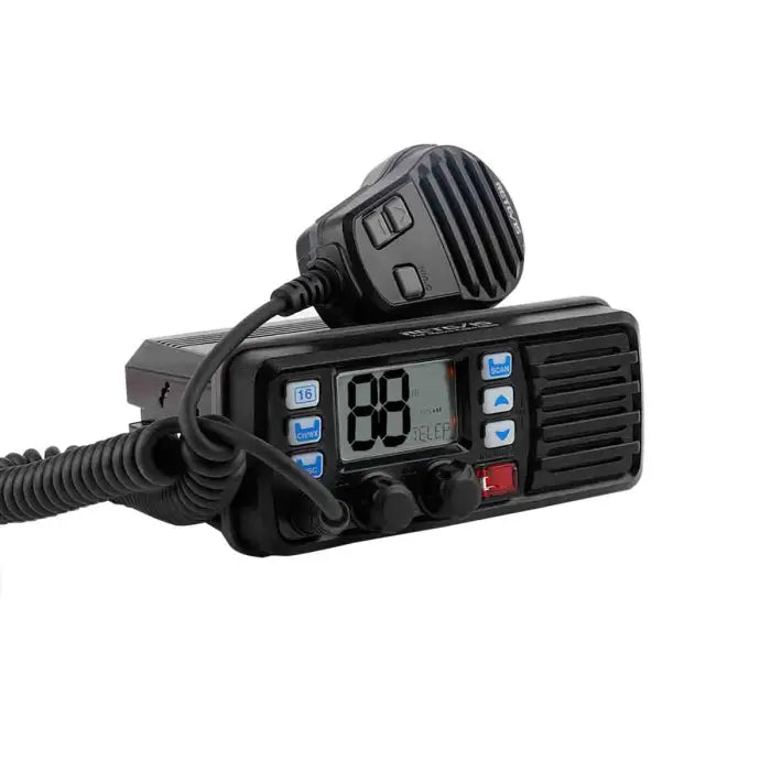 Black marine VHF radio with microphone.