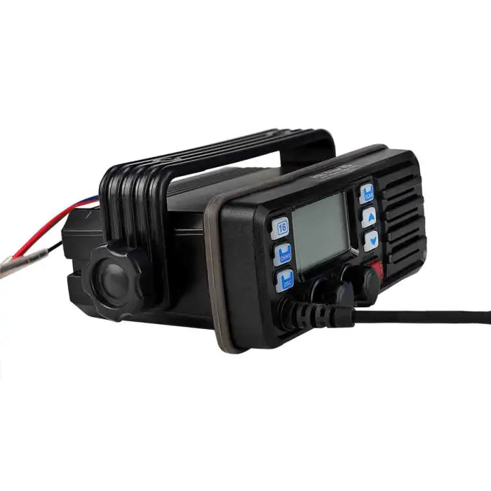 Black marine VHF radio transceiver.