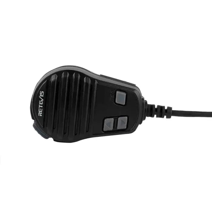 Black handheld microphone with buttons.