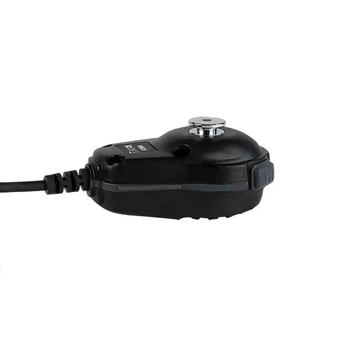 Black microphone with a silver button.