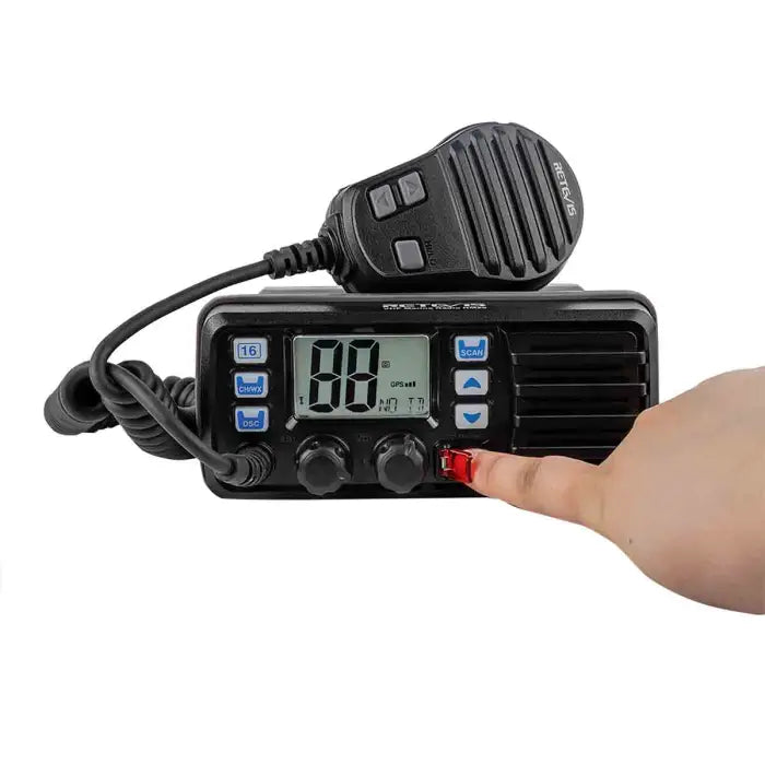 Black two-way radio with microphone.