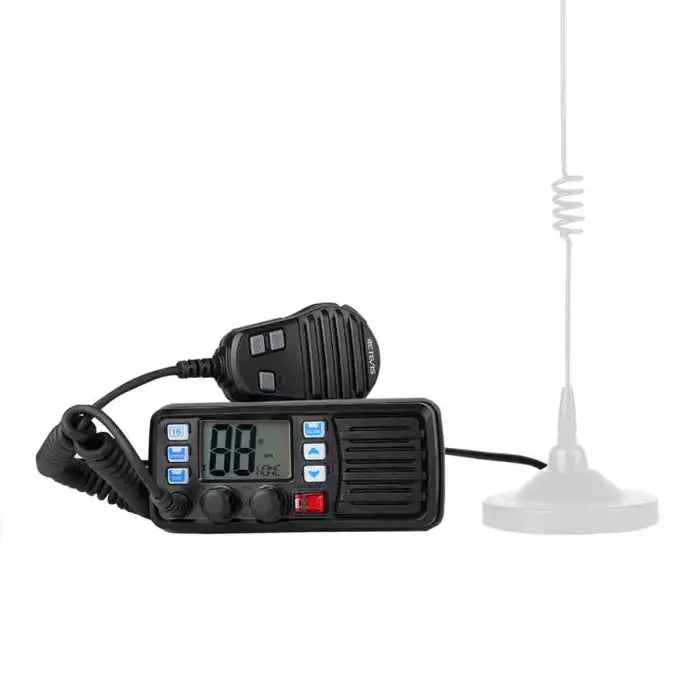 Black two-way radio with microphone and antenna.