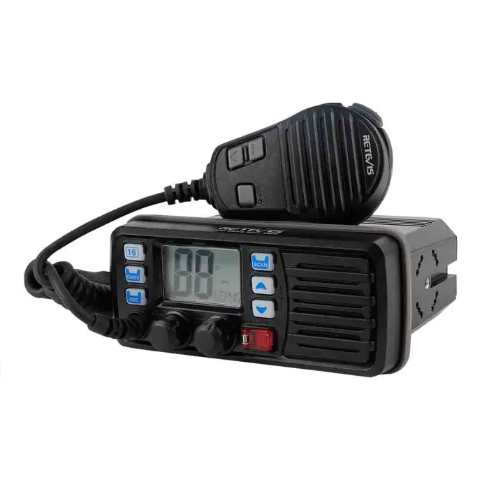 Black two-way radio with microphone.