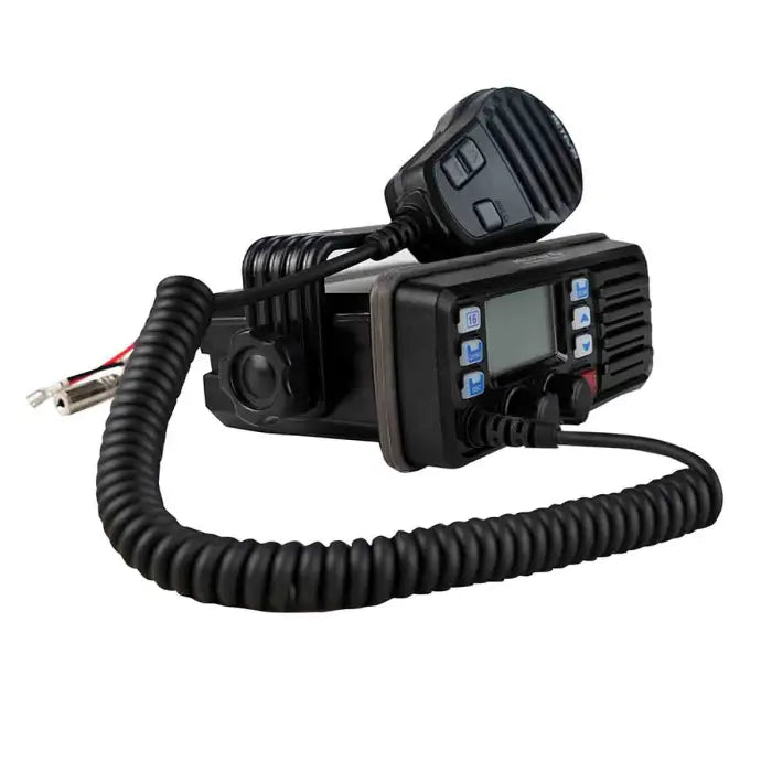 Black two-way radio with microphone.