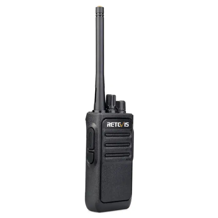 Black two-way radio with antenna.