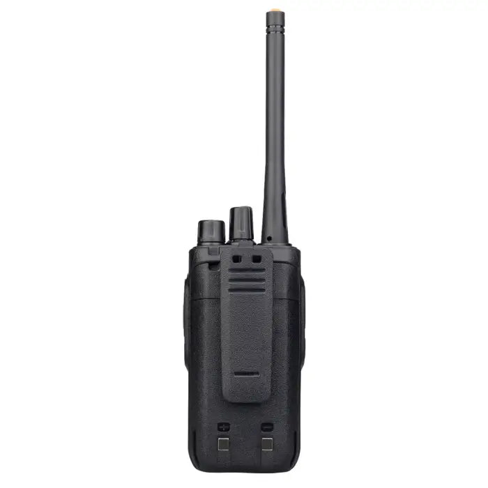 Black two-way radio with antenna.