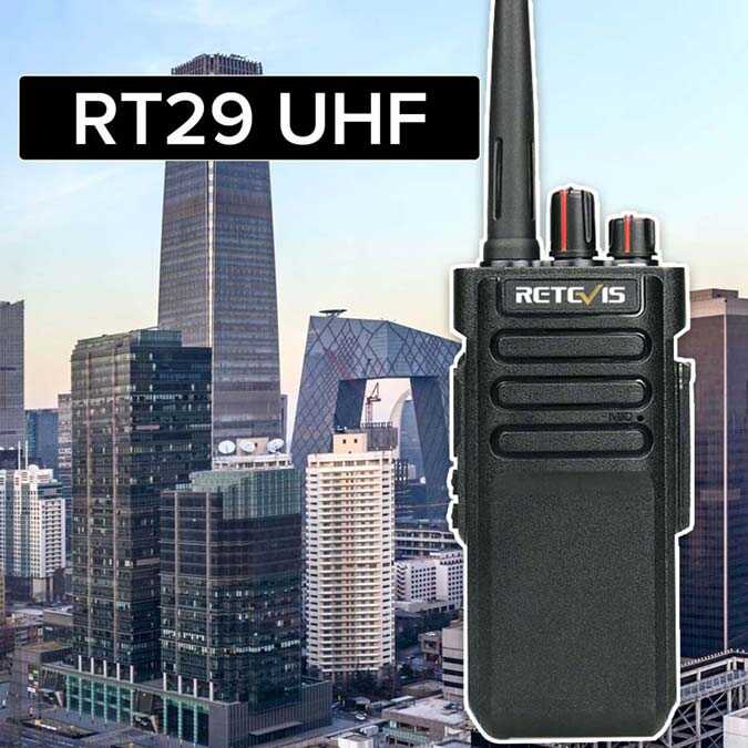 Black handheld two-way radio.