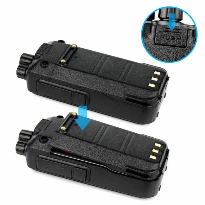 Two black walkie-talkie batteries.