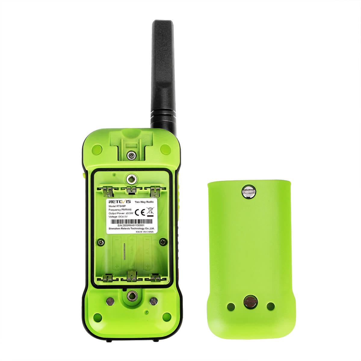 Green two-way radio with its battery cover removed and placed alongside.