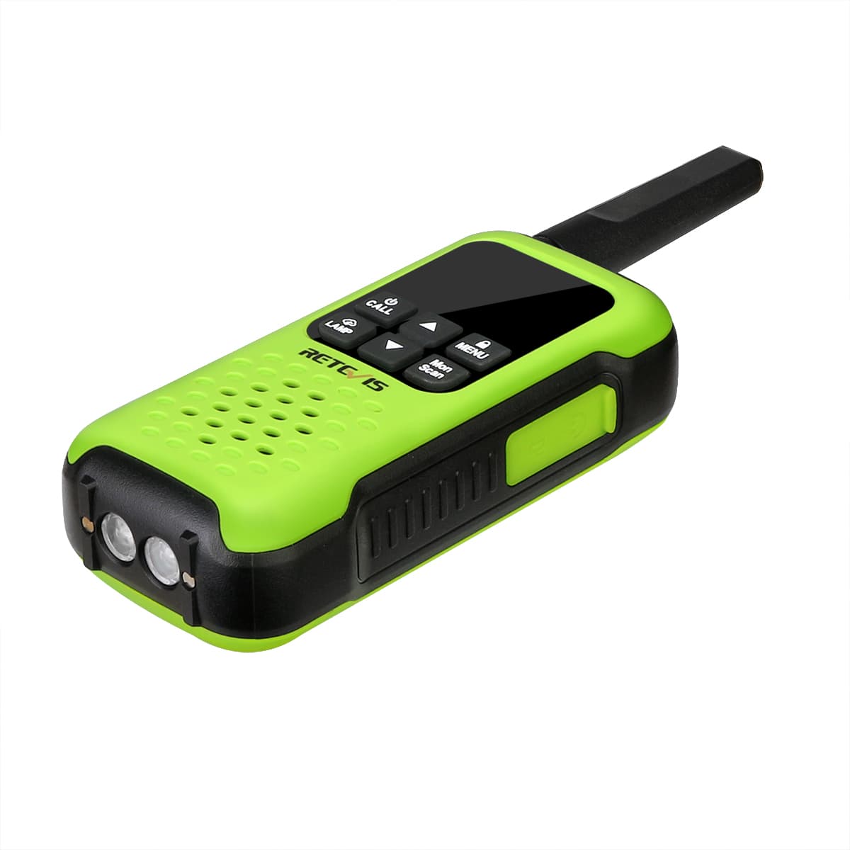 Lime green walkie-talkie with a built-in flashlight.