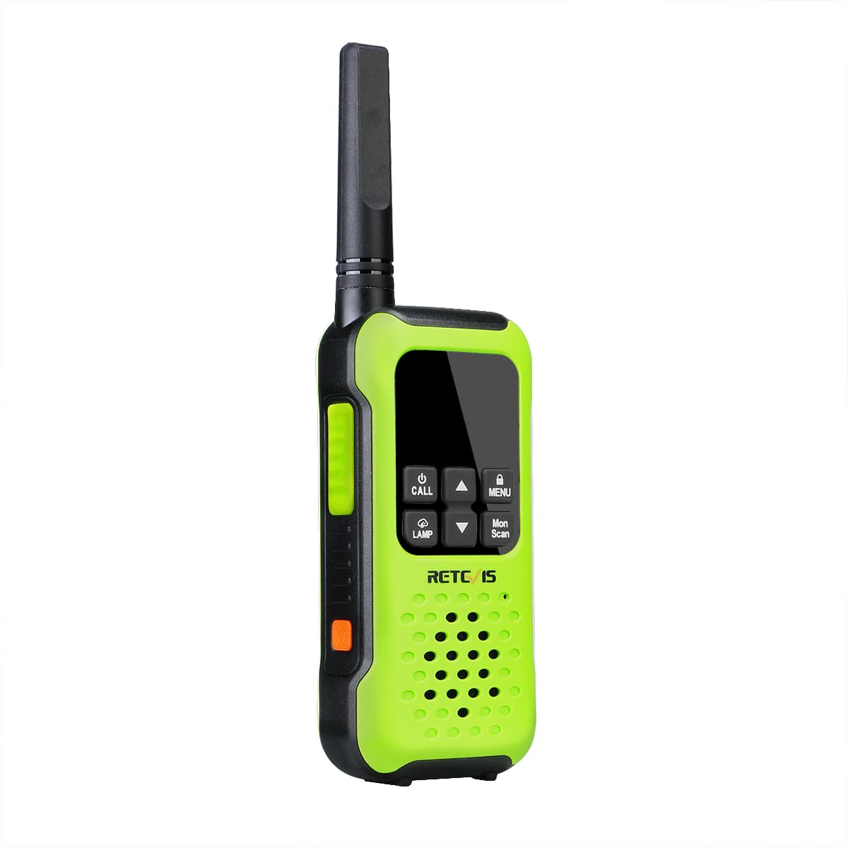 Lime green and black two-way radio with an antenna and small display screen.