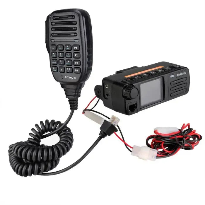Black two-way radio with microphone.