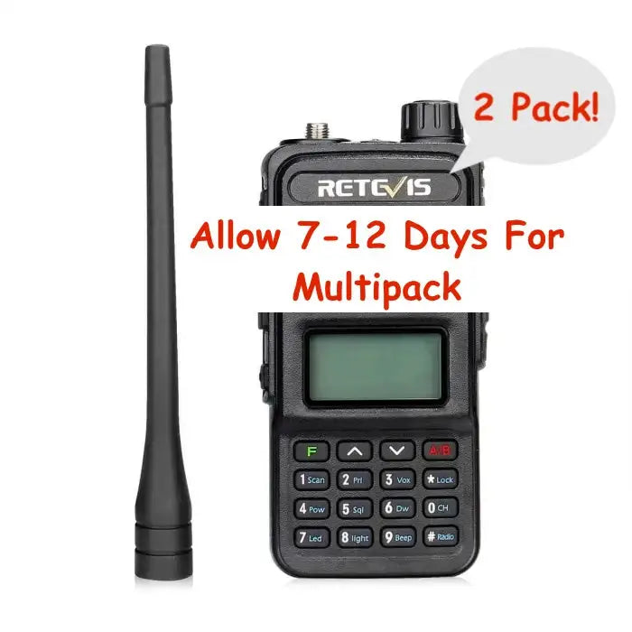 Handheld two-way radio with keypad and display screen.