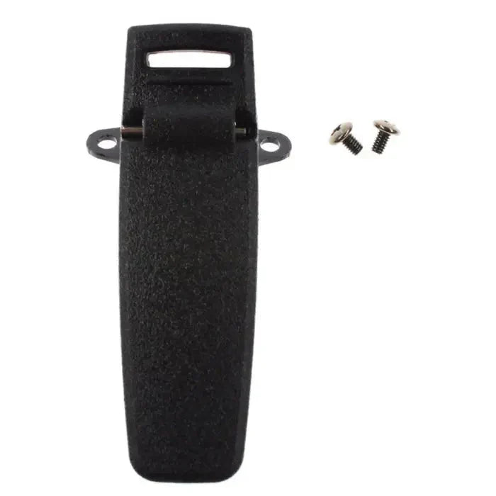 Black plastic clip with screws and a loop for attaching to bags or clothing.