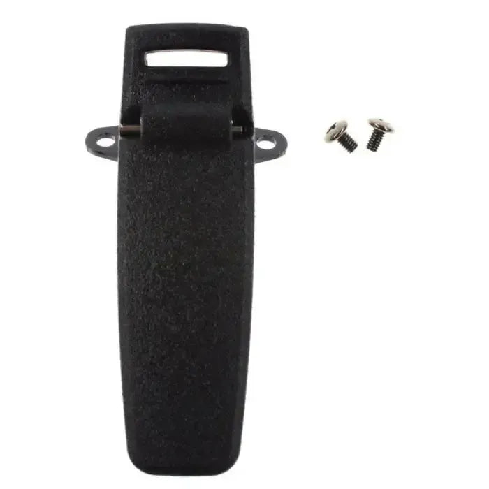 Black plastic clip with screws and a loop for attaching to bags or clothing.