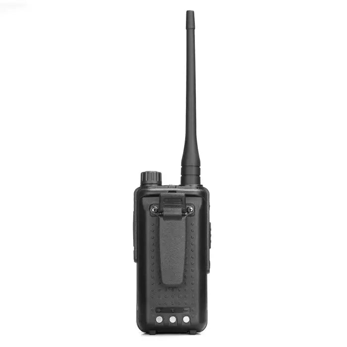 Black two-way radio with antenna.