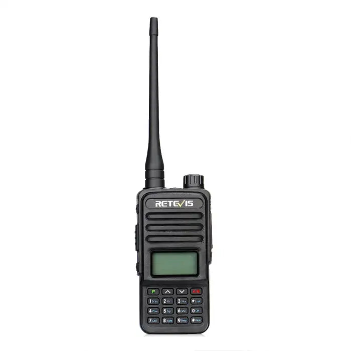Black two-way radio with antenna.
