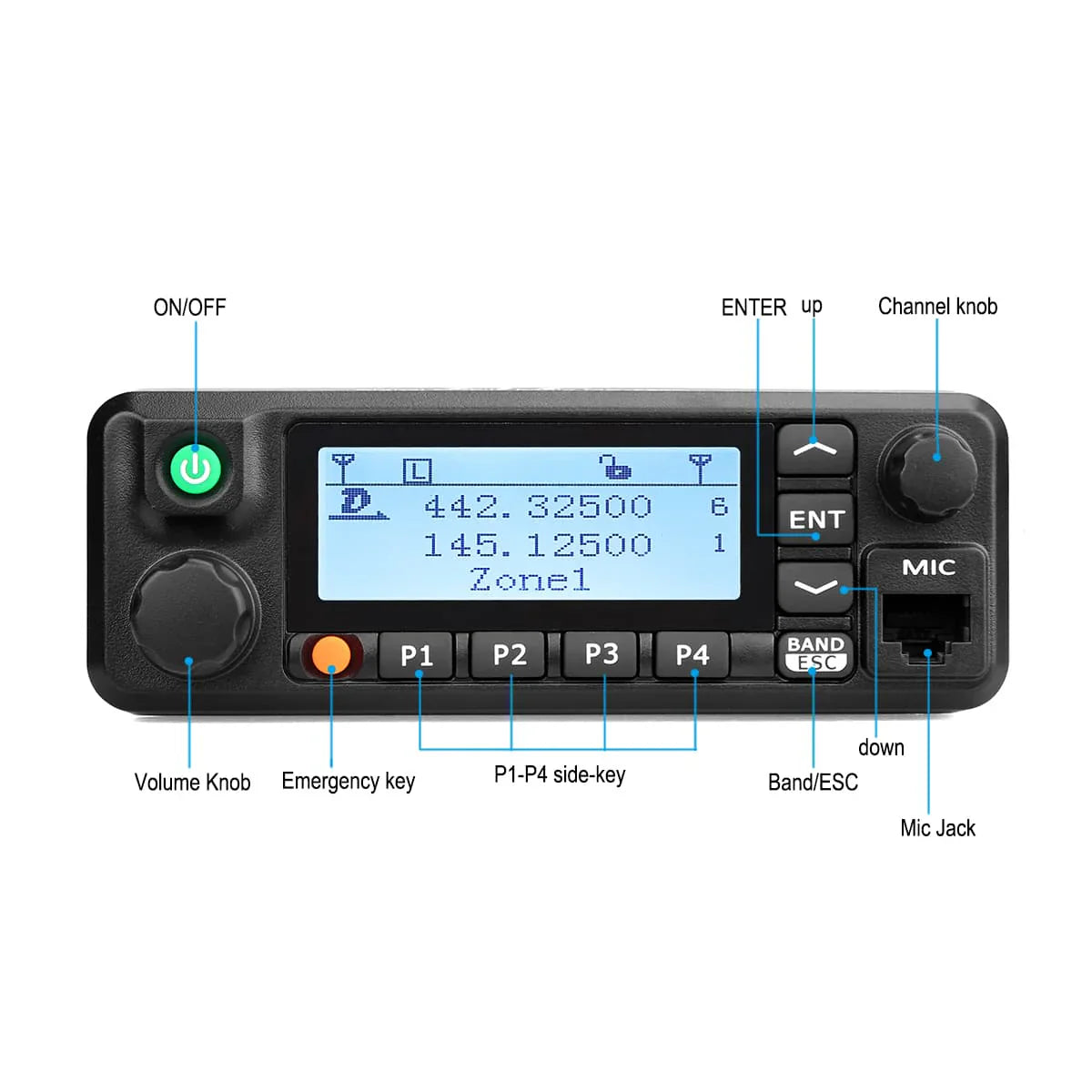 Black two-way radio with labeled controls.