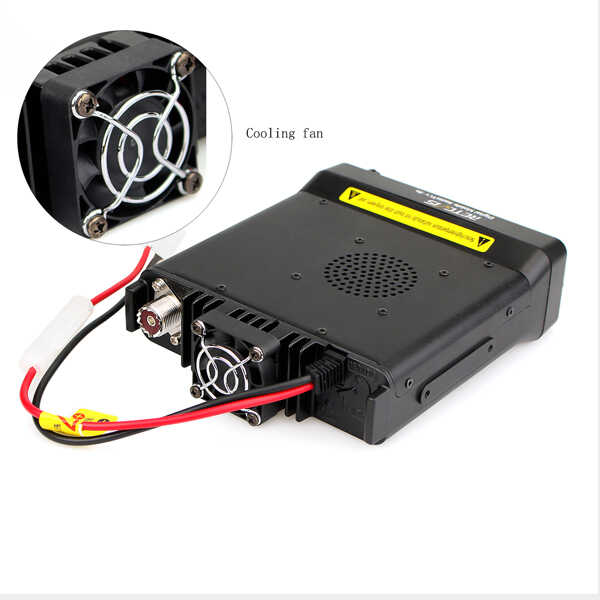 Black two-way radio with cooling fan.