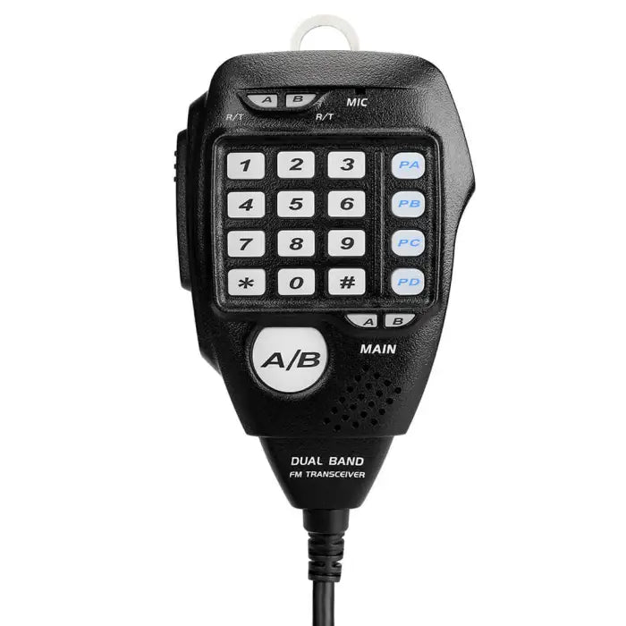 Black handheld FM transceiver with keypad.