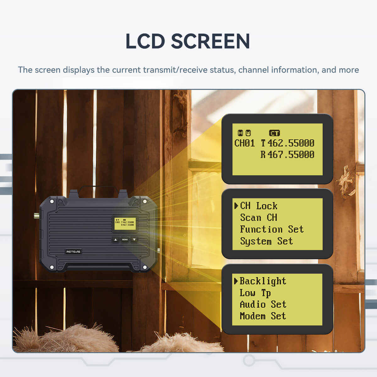 Radio transceiver with LCD screen.