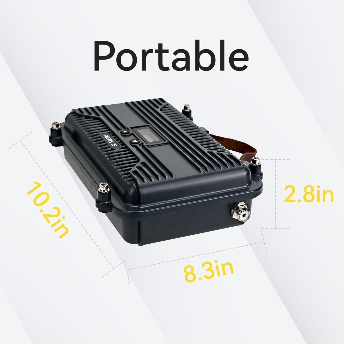 Portable black electronic device with dimensions.