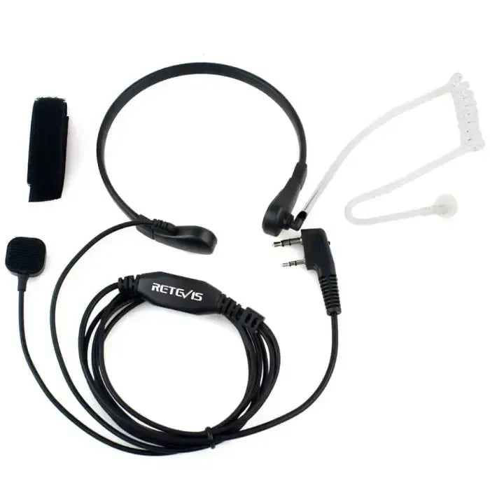 Black headset with microphone and coiled earpiece.