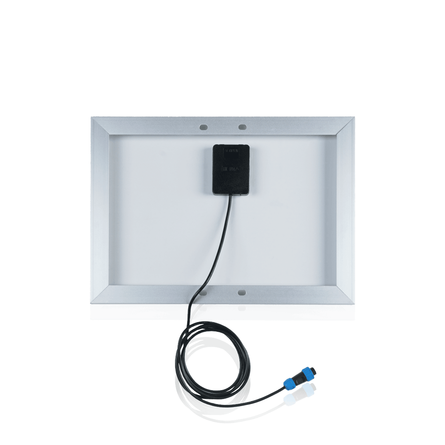 A solar panel with a junction box and coiled output cables.