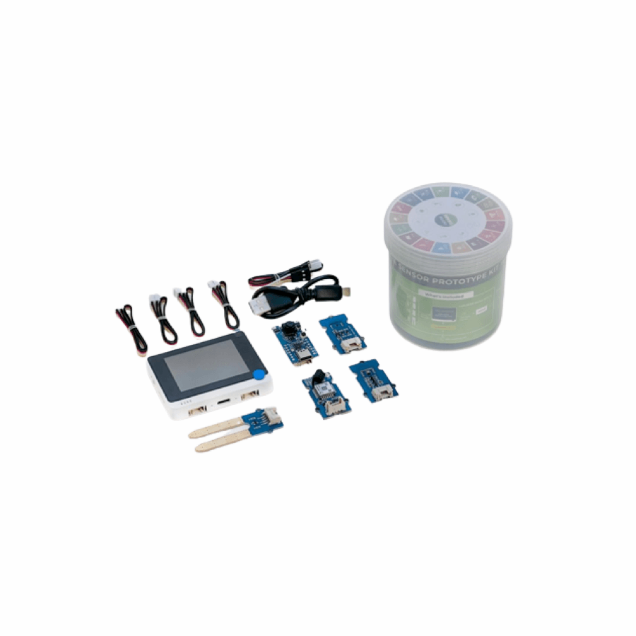 A kit of electronics for smart gardening or IoT projects, including a display, sensors, and connecting cables.