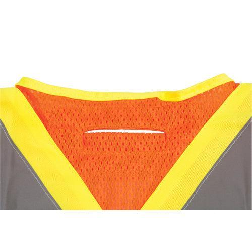 Upper portion of an orange mesh safety vest with yellow reflective trim.