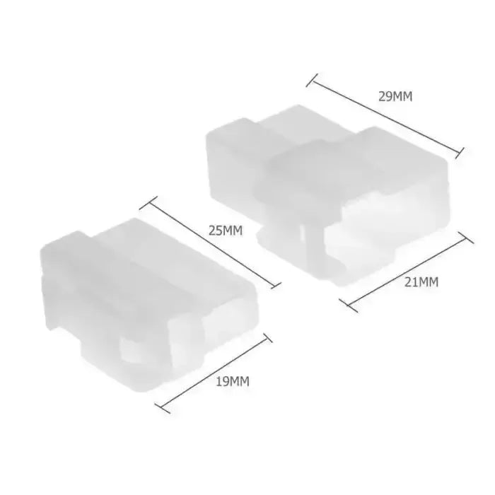 Two white plastic electrical connectors with dimensions.