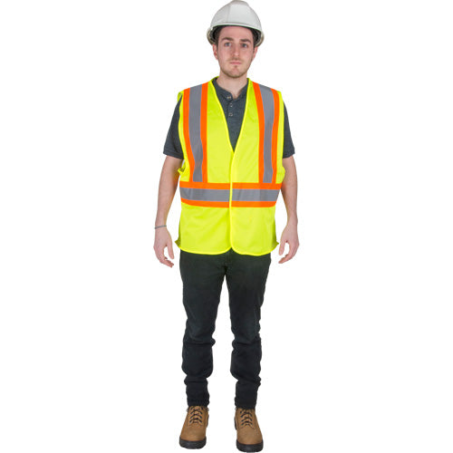 A man wearing a yellow high-visibility safety vest with reflective orange and silver stripes.