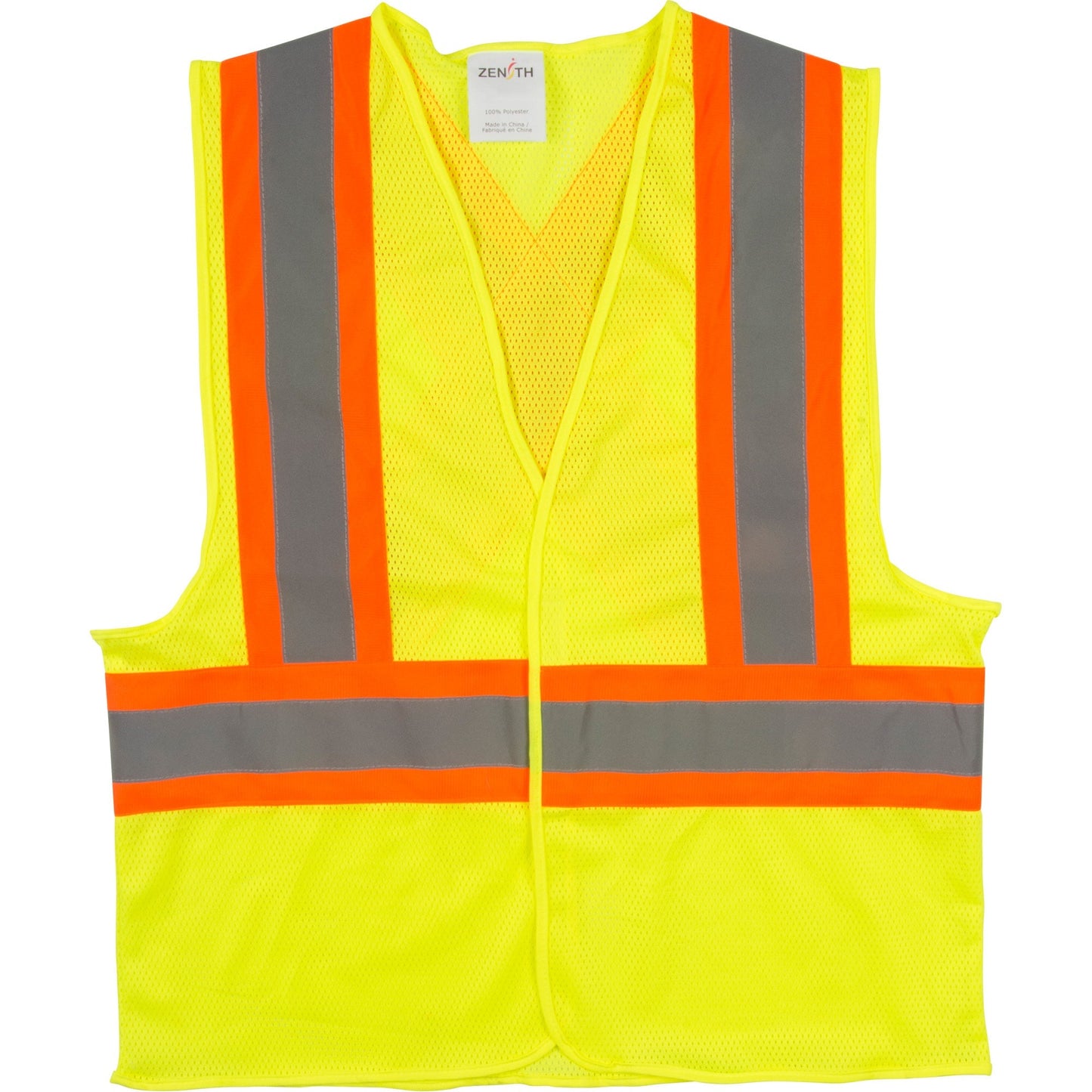Yellow safety vest with reflective grey and orange stripes.