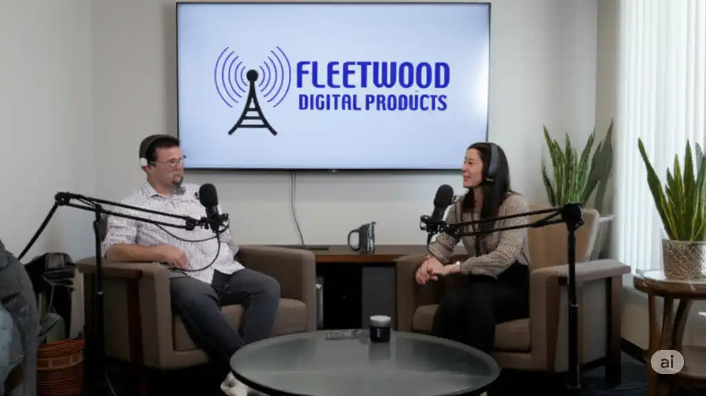 Two people in a podcast studio with recording equipment.