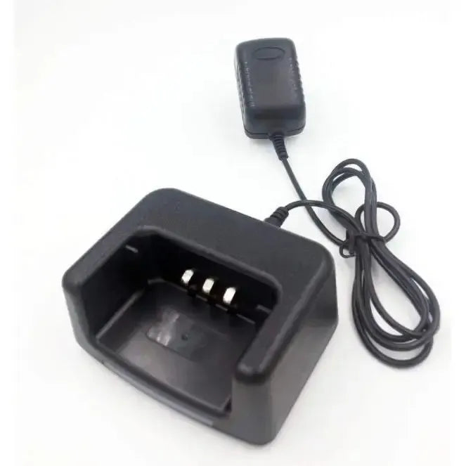 Black two-way radio charger with power adapter.