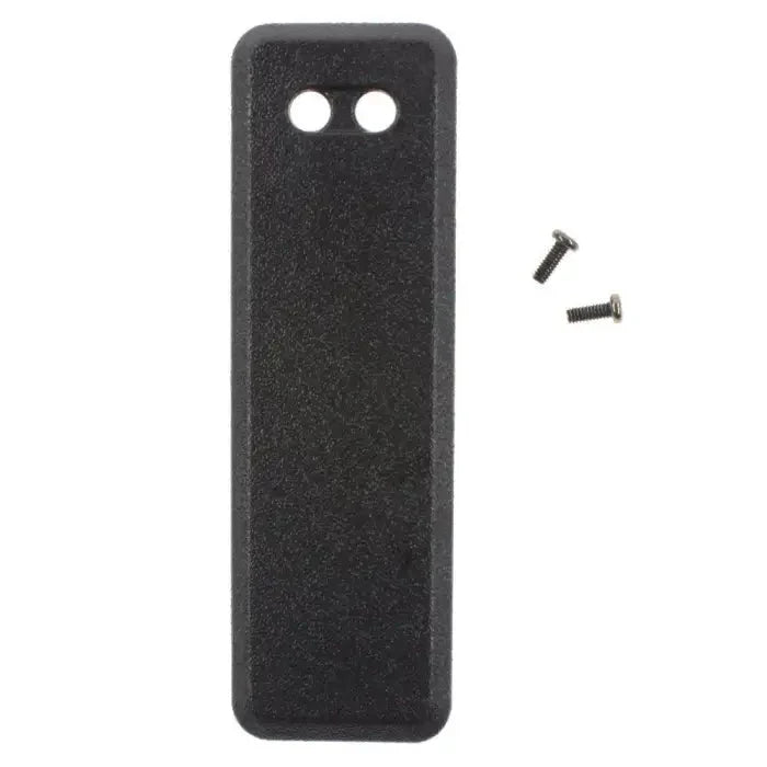 Black rectangular cover with mounting holes and screws.