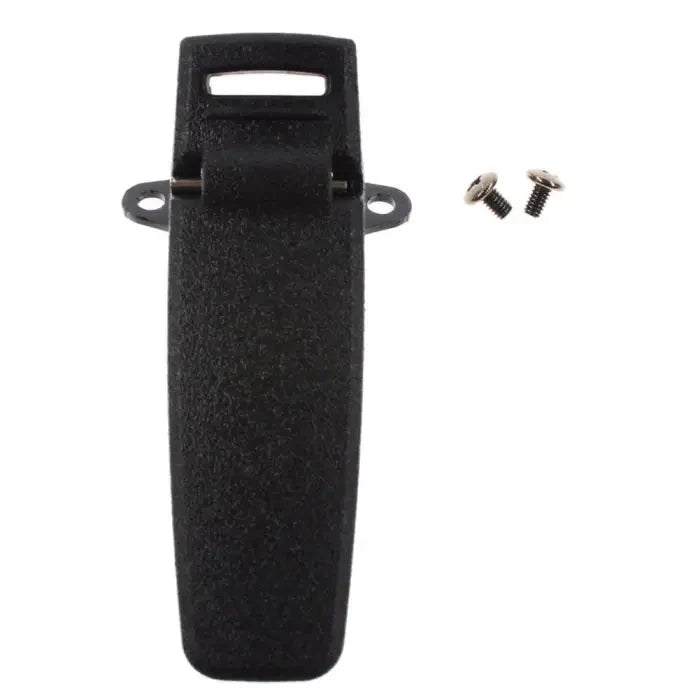 Black plastic belt clip with screws.