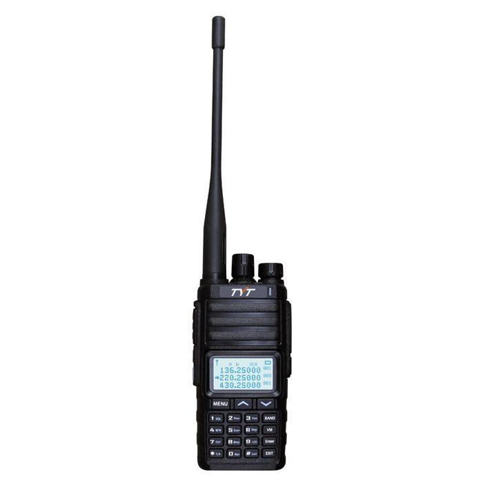 Black handheld two-way radio with an antenna, screen, and keypad.