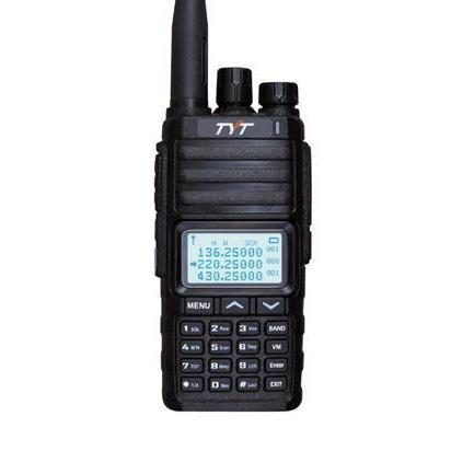 Black handheld two-way radio with a display screen and keypad.