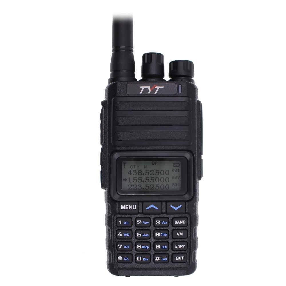 Black handheld two-way radio with a display screen and keypad.